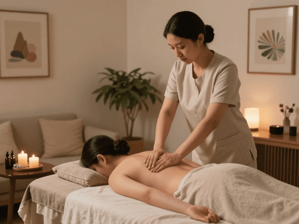 Professional therapist providing 출장마사지 with soothing oils in a tranquil setting.