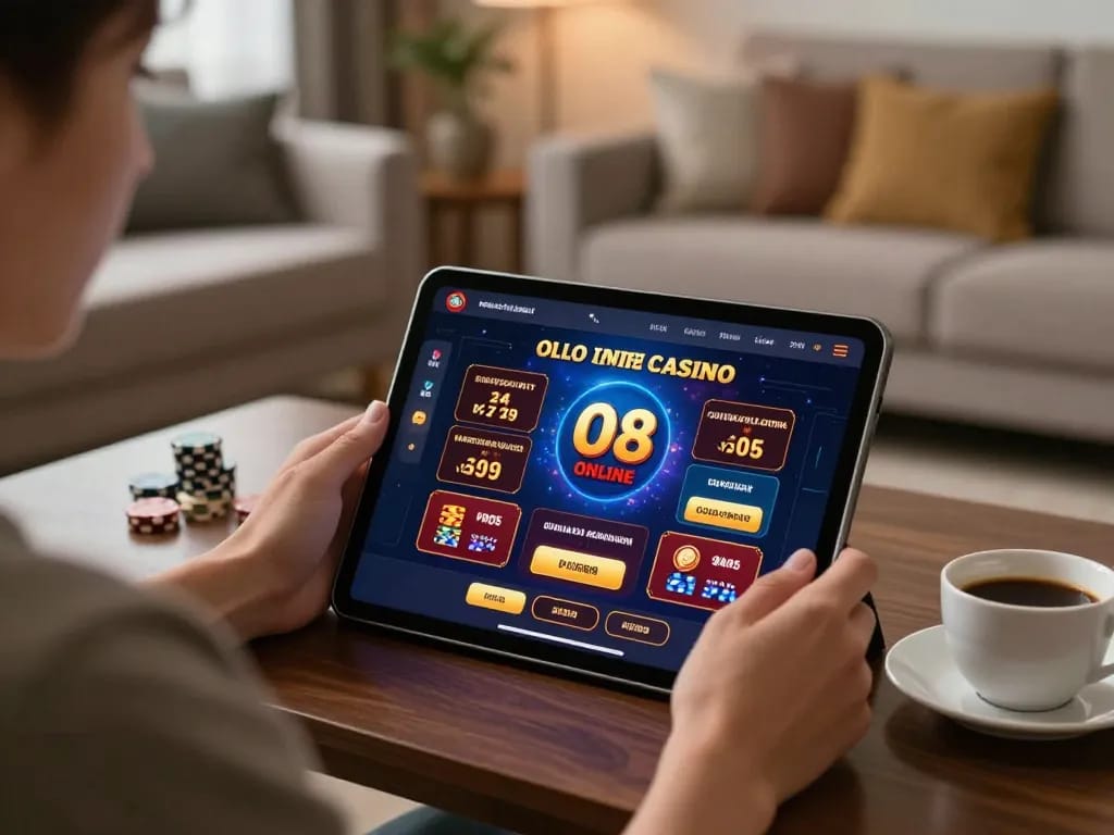 O8 user interacts with an online casino, showcasing engaging gameplay and modern interface in a cozy setting.