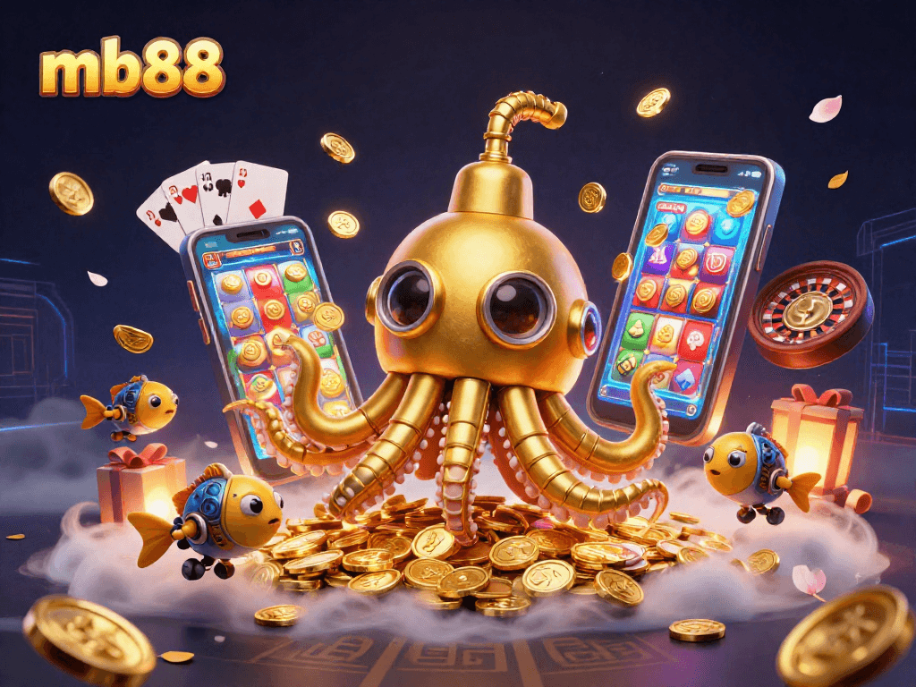 Experience thrilling play with mb88's golden kraken and colorful slot games in this vibrant casino scene.