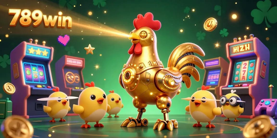 Experience the thrill of gaming with 789win’s golden rooster robot amidst a vibrant casino scene.