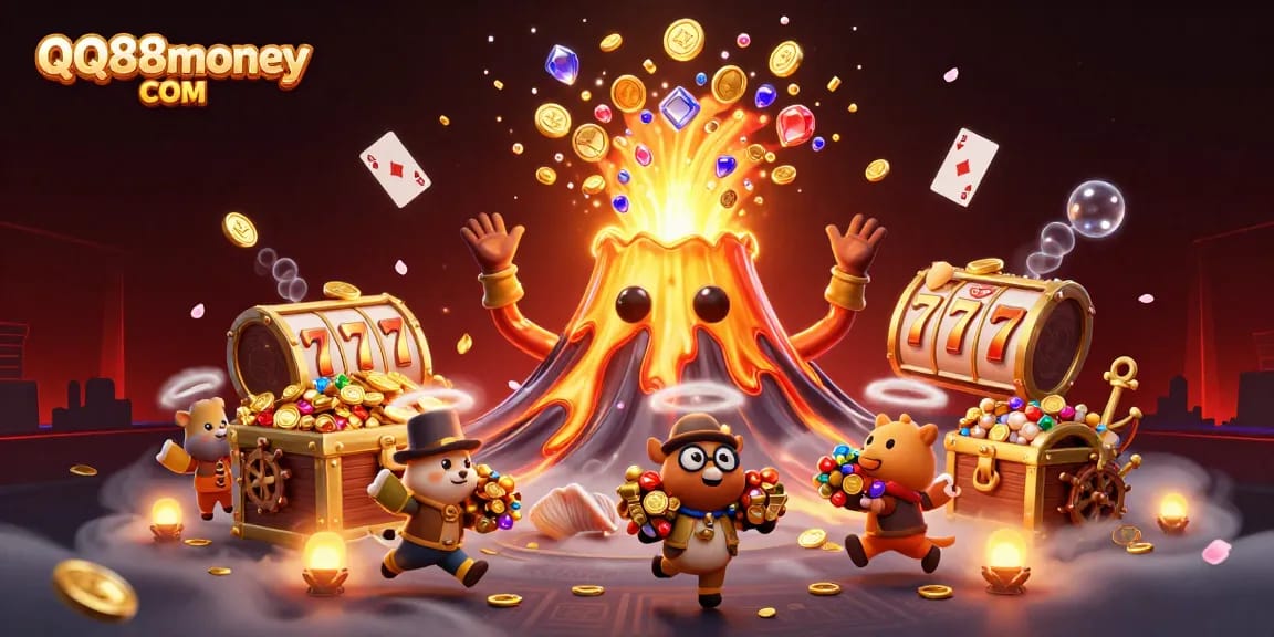 Engage with QQ88money COM's vibrant online casino scene featuring golden treasures and animated excitement.