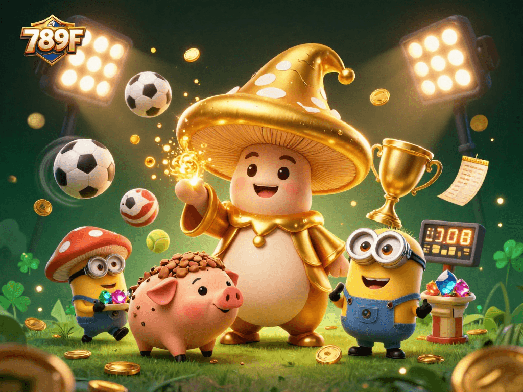 Engage with 789F to experience thrilling sports betting and golden rewards in a vivid casino scene.