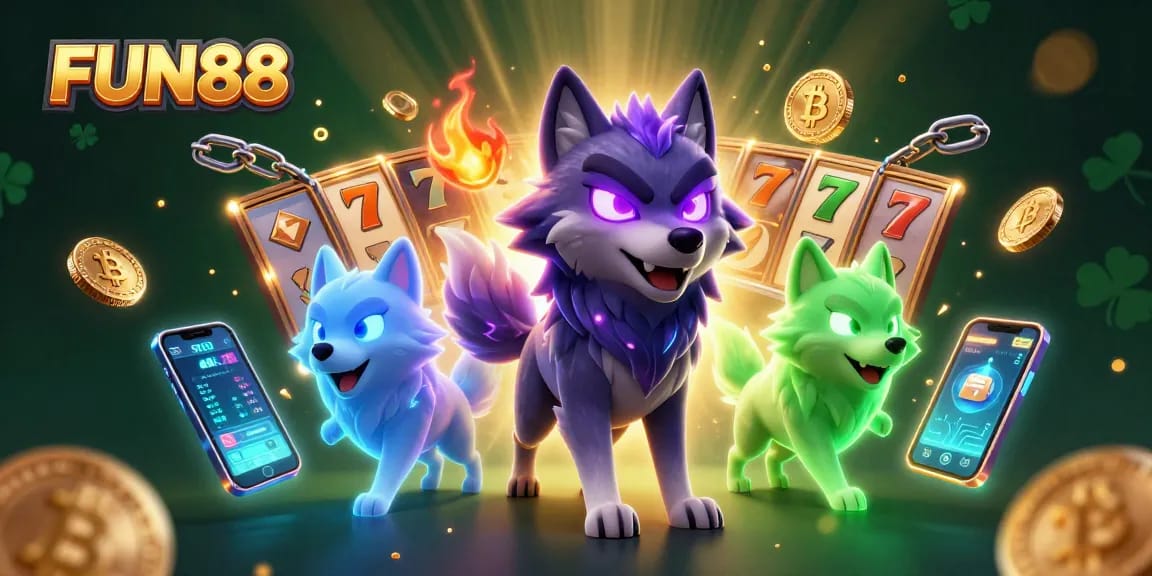Engage with FUN88's thrilling slots and jackpots in this vibrant casino illustration.