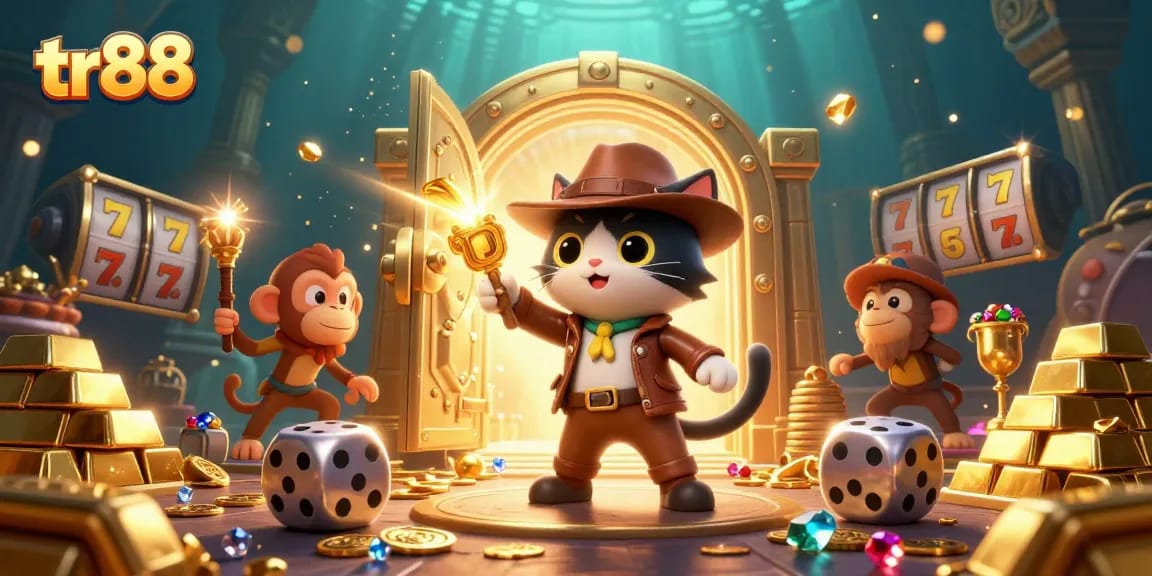 Win big with tr88 in this vibrant casino scene featuring treasures and gaming elements.
