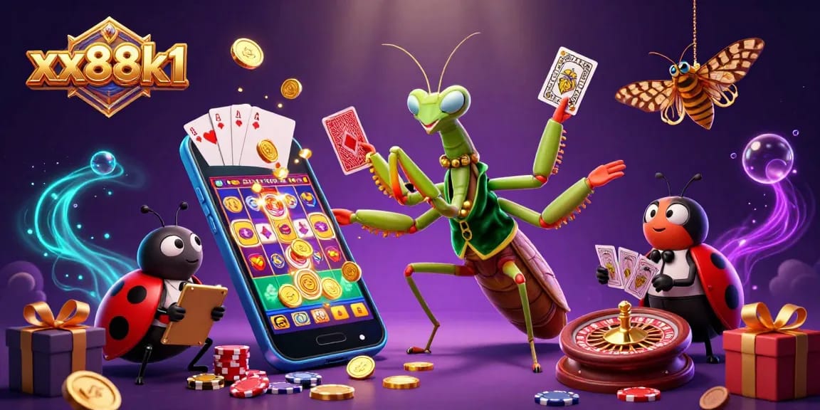 Enhance your gameplay with xx88k1 as a giant mantis card sharp manages a vibrant casino scene.
