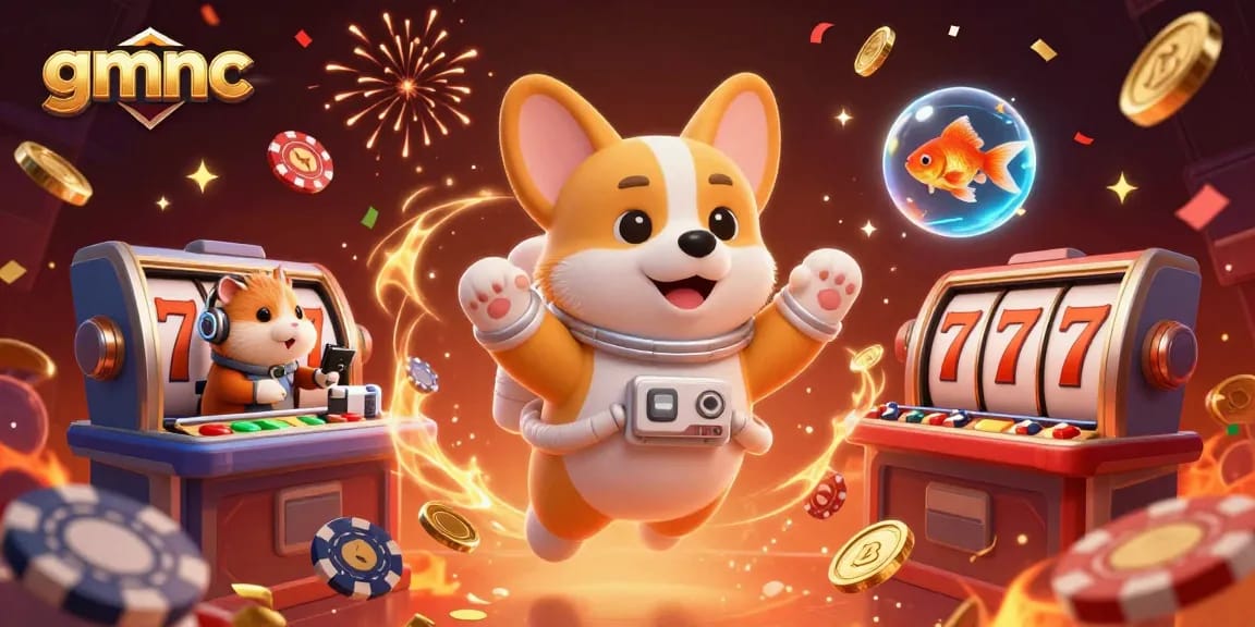 Explore gmnc's vibrant gaming universe with a 3D illustration of a corgi astronaut in a casino.