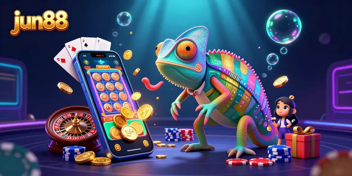 Experience the thrilling gaming scene at jun88 with our vibrant chameleon casino mascot capturing golden coins and colorful slot games.