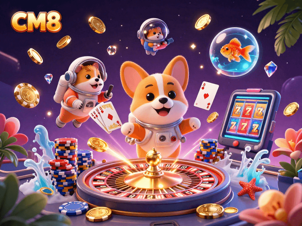 Experience thrilling wins at CM8 with a 3D cartoon corgi astronaut in a vibrant casino-themed space