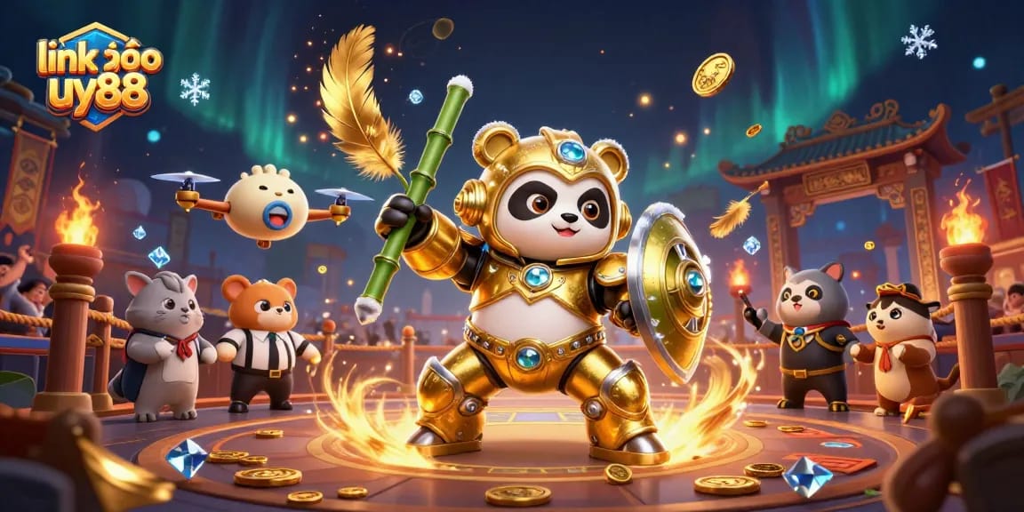 Experience dynamic action in the link vào uy88 casino with a 3D mech-suit panda and a lively arena backdrop.