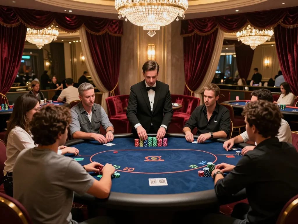 GG88 players enjoying a high-stakes poker game in a luxurious VIP casino area.