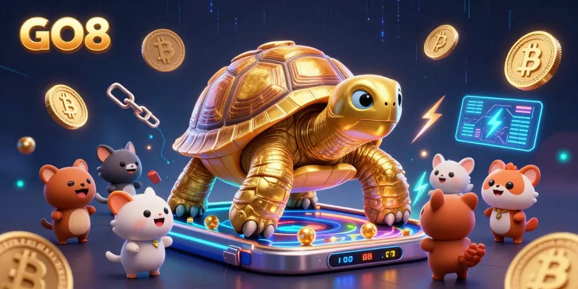 Experience gaming excitement with the GO8 brand, as animated creatures gather around a golden tortoise pinball machine, enhancing fun in crypto-themed gameplay.