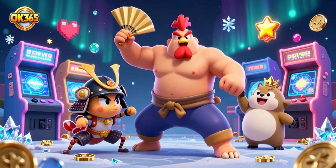 Engage with OK365's thrilling atmosphere featuring a powerful sumo rooster and fierce samurai cricket amidst dynamic gaming excitement.