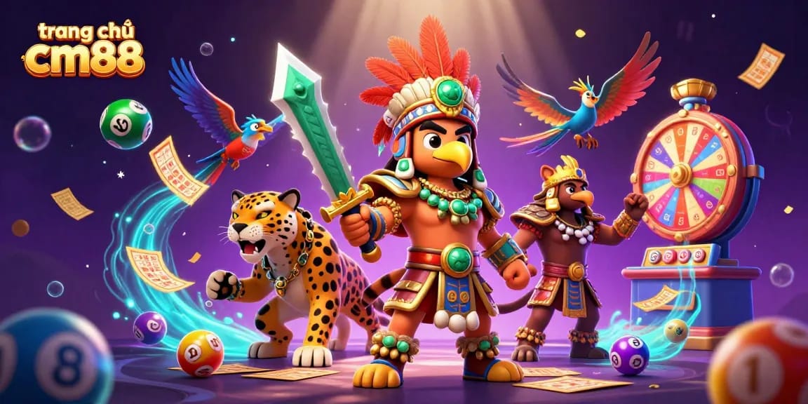 Experience the excitement of trang chủ cm88 with dynamic lottery elements and vibrant Aztec warriors.