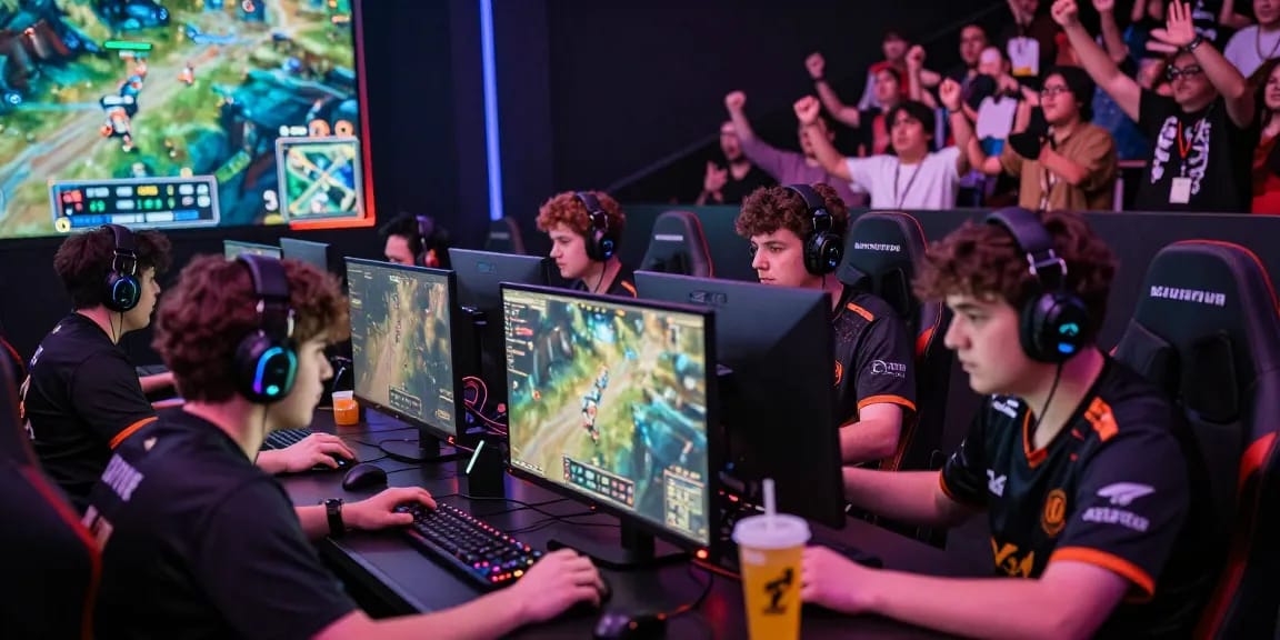 Kompetisi esports boswin88 dengan gamer fokus di arena modern.