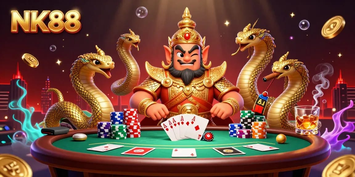 Engage with the vibrant NK88 casino scene showcasing a poker showdown with rich elements and interactive characters.