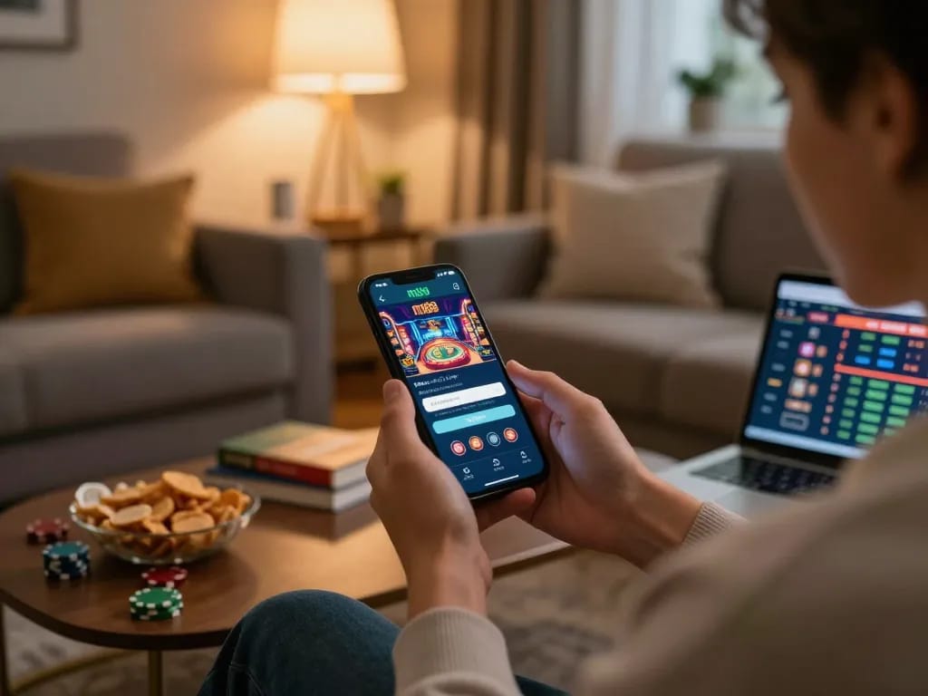 Experience m88 login mobile with a vibrant casino game on a smartphone in a cozy home setting.
