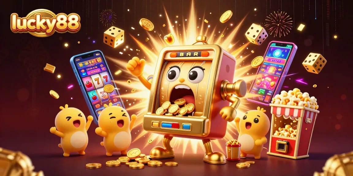 Spin to win on the lucky88 slot machine as coins and symbols fly in a vibrant casino scene.