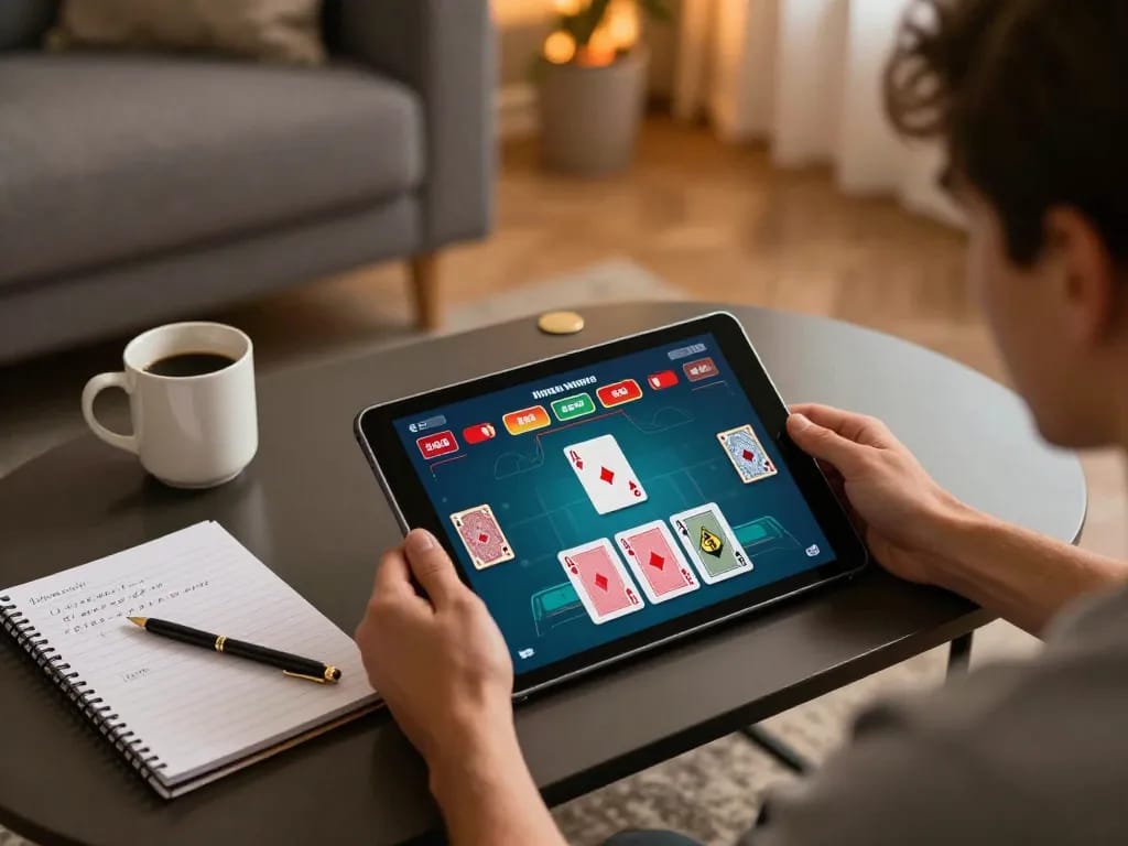 Engaged player enjoying a gamebaidoithuong session on a tablet in a cozy living room atmosphere.