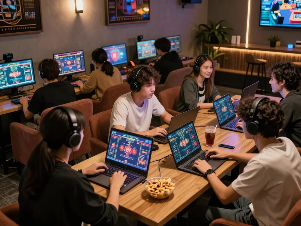 Engaged players at Nhà cái s8 enjoying an online casino game on their laptops in a modern café.