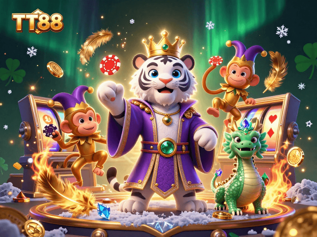 Experience the thrilling world of TT88 with a vibrant scene featuring a royal white tiger and playful characters.