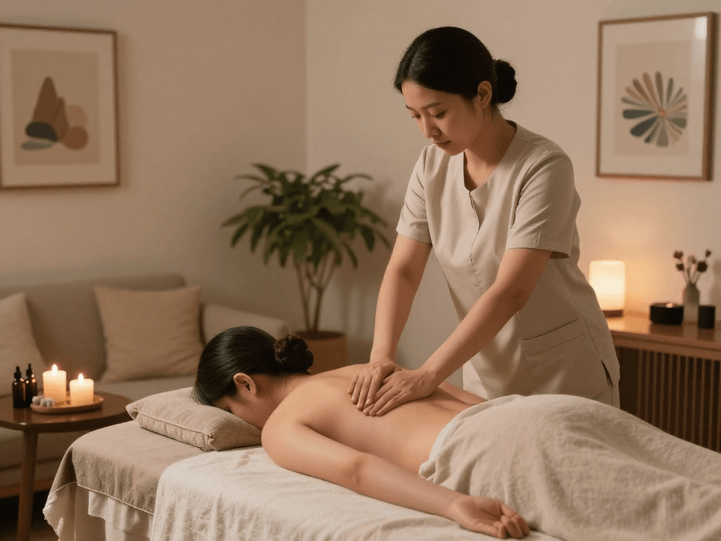 Professional therapist providing 출장마사지 with soothing oils in a tranquil setting.
