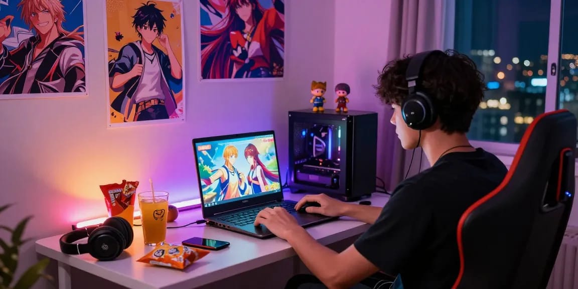 Player enjoying hentaigames on a laptop in a cozy gaming setup with snacks and colorful posters.
