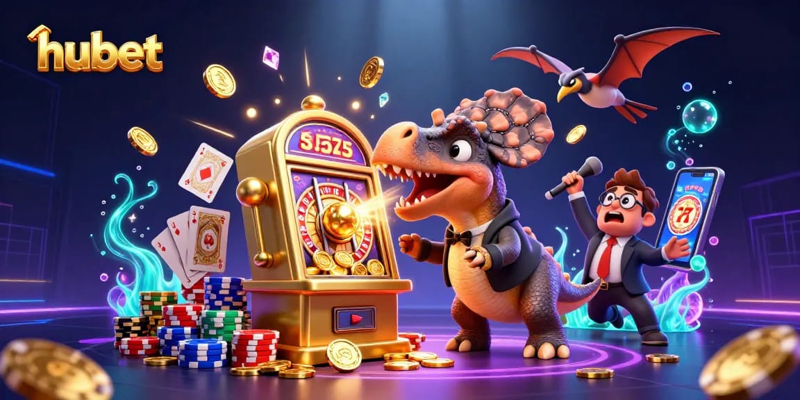 Experience hubet's thrilling jackpot wins as a dinosaur interacts with a slot machine amid flying coins.