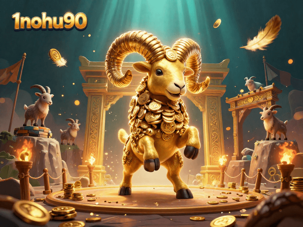 Experience thrilling gaming action at 1nohu90 as the golden ram charges through a dynamic casino scene.