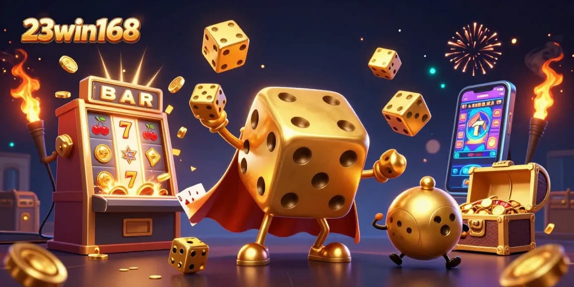 Engage with exciting 23win168 casino experiences, featuring golden dice and vibrant game symbols.