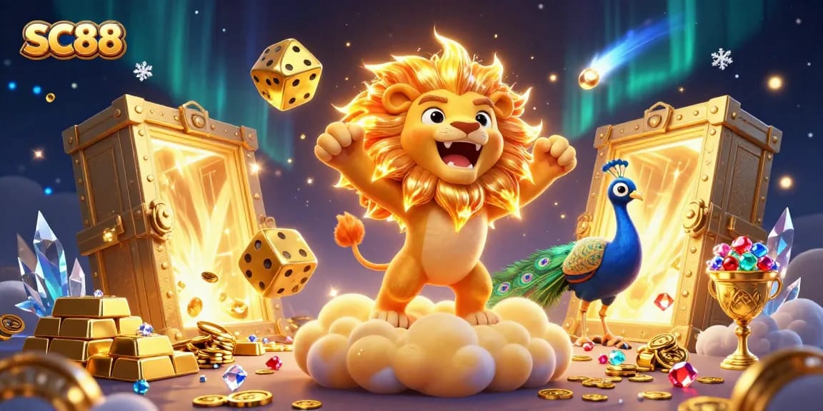 Win big at SC88 with a dazzling 3D casino illustration filled with treasures and excitement.