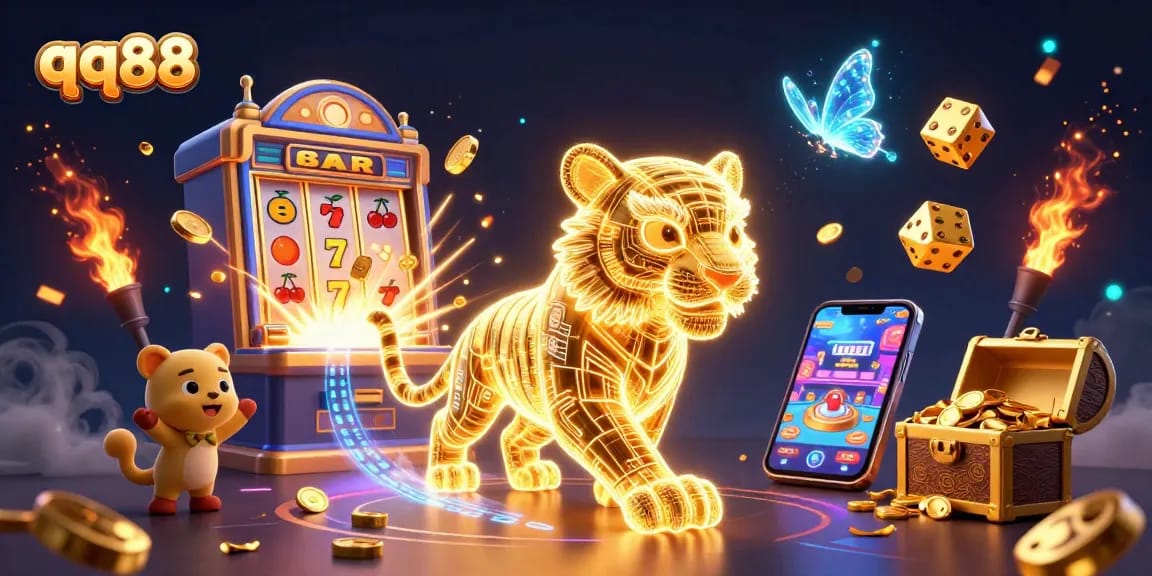 Experience the thrill of qq88 with a dazzling digital casino scene featuring dynamic characters and exciting games.