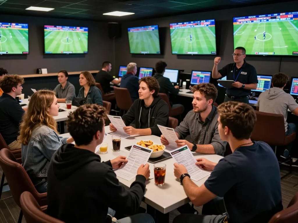 Engaged bettors analyzing keo nha cai football bets in a lively sports betting lounge.