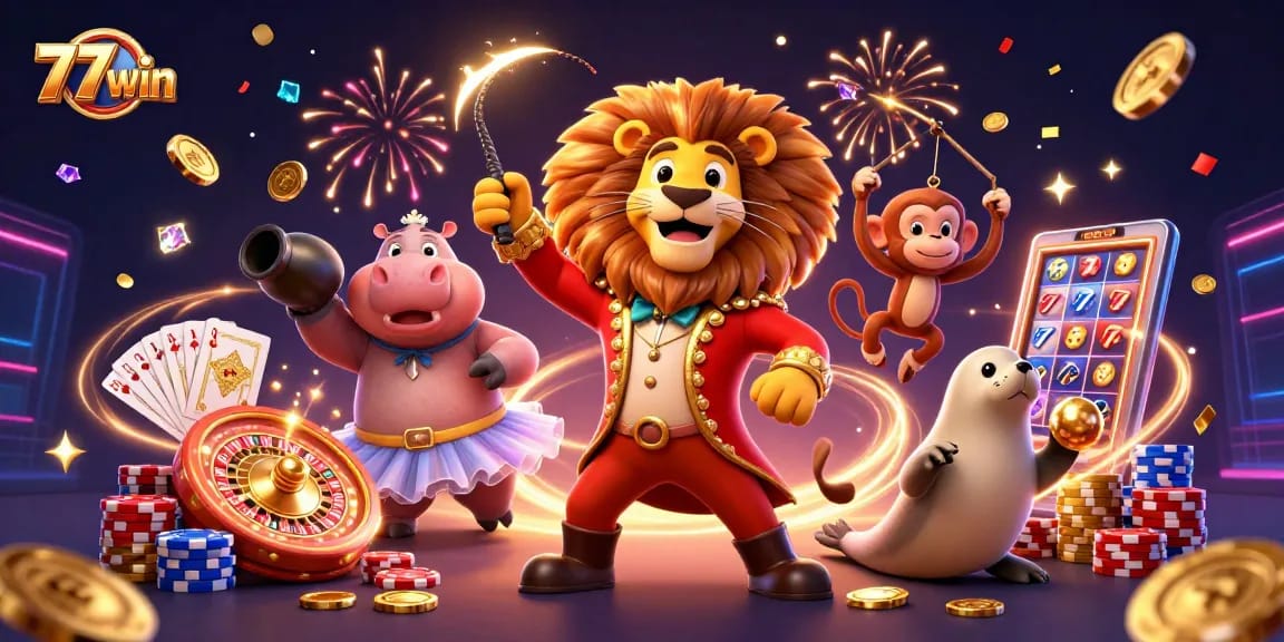 77win showcases thrilling casino vibes with animated characters in 3D, engaging in vibrant gaming action.