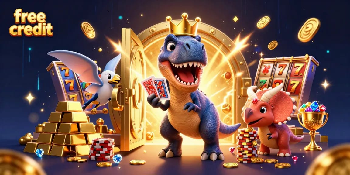 Play thrilling casino games with free credit as a friendly dinosaur shares cards in a vibrant scene.