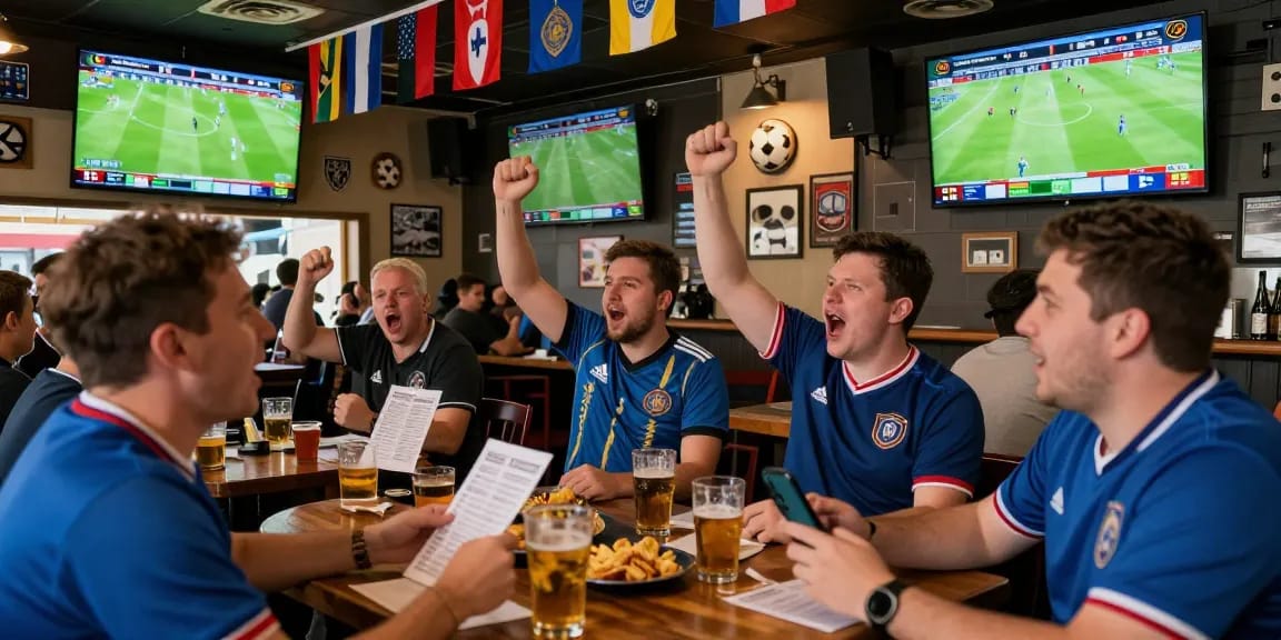 Exciting football betting Malaysia scene with fans cheering in a sports bar during live matches