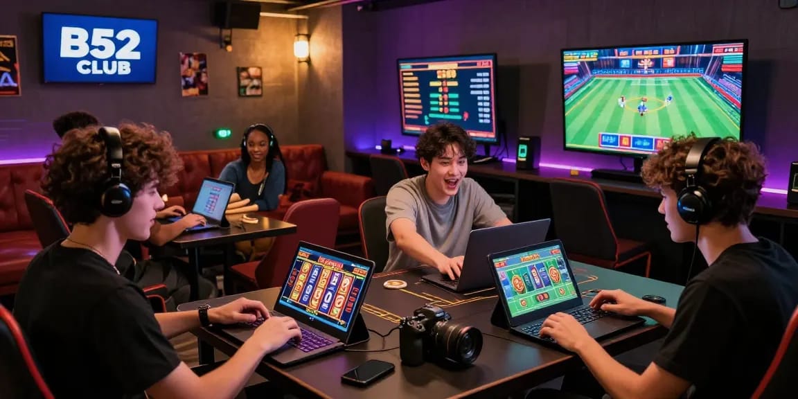 B52 cup design featuring vibrant gaming elements and active players in a lively gaming atmosphere.