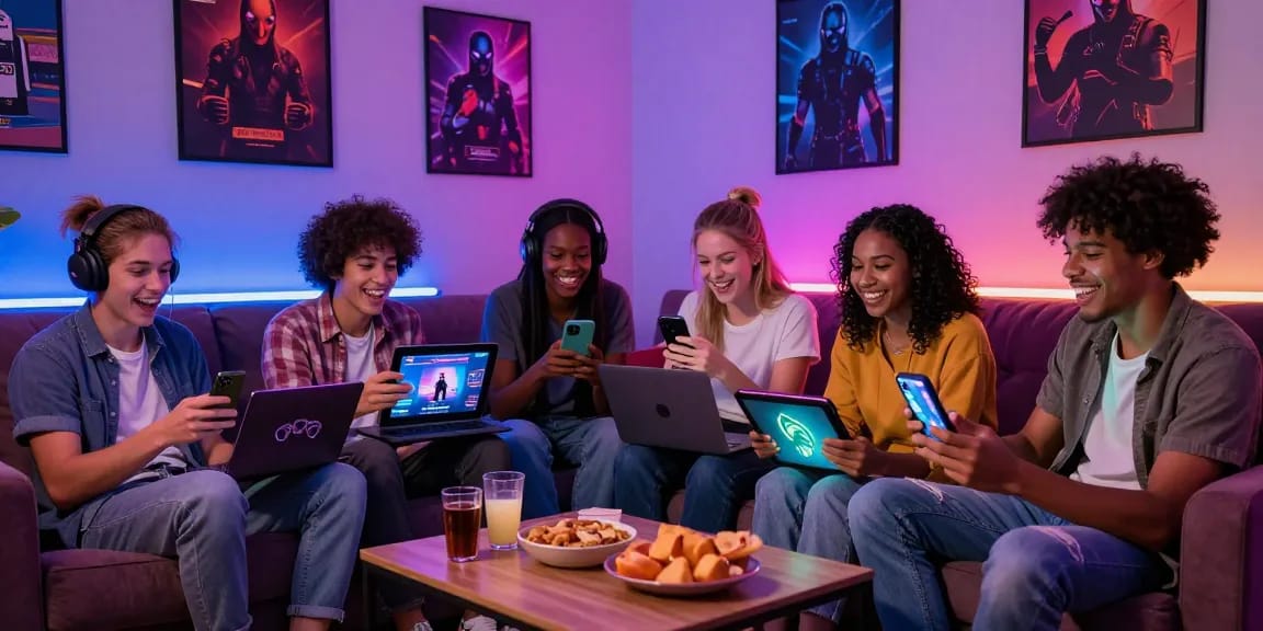 Engaging group of friends playing online sex games together on various devices in a lively gaming room.