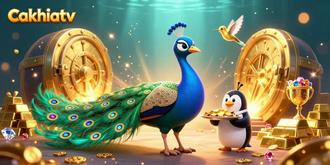 Experience the thrill of cakhiatv with an artistic representation of live sports betting excitement, featuring a peacock and golden treasures.