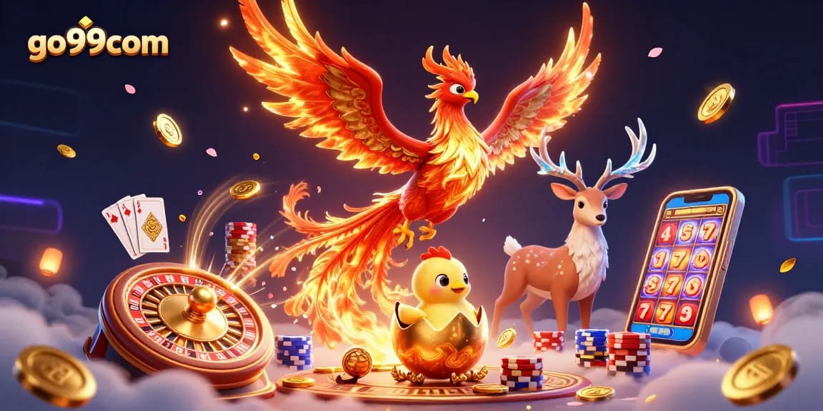 Spin the reels at go99com and watch the phoenix soar in this vibrant online casino illustration.
