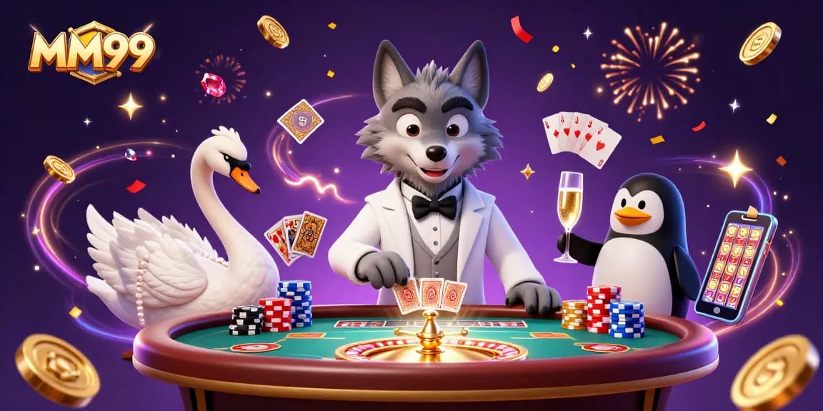 Experience vibrant MM99 gaming action with a cartoon wolf, swan, and penguin in an exciting casino scene.