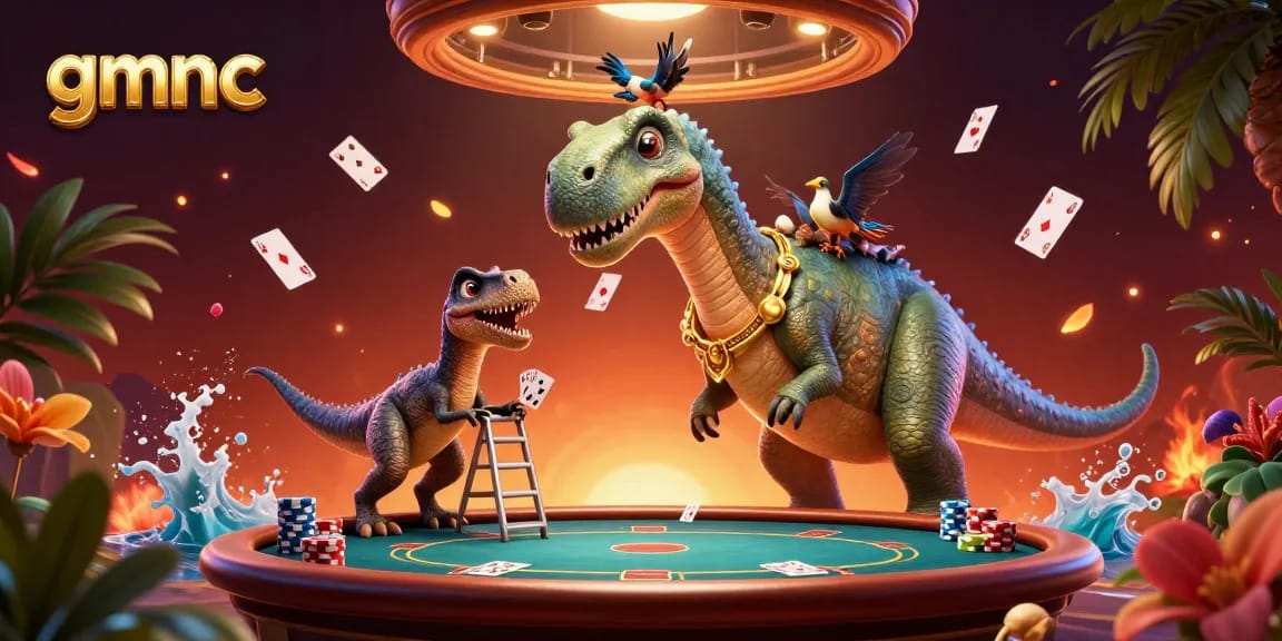 Experience gmnc with a massive dinosaur in a vibrant casino scene dealing poker cards.