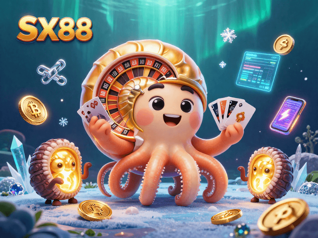 SX88 features an ancient nautilus roulette wheel with glowing ammonites and crypto coins in an exciting online gaming scene.