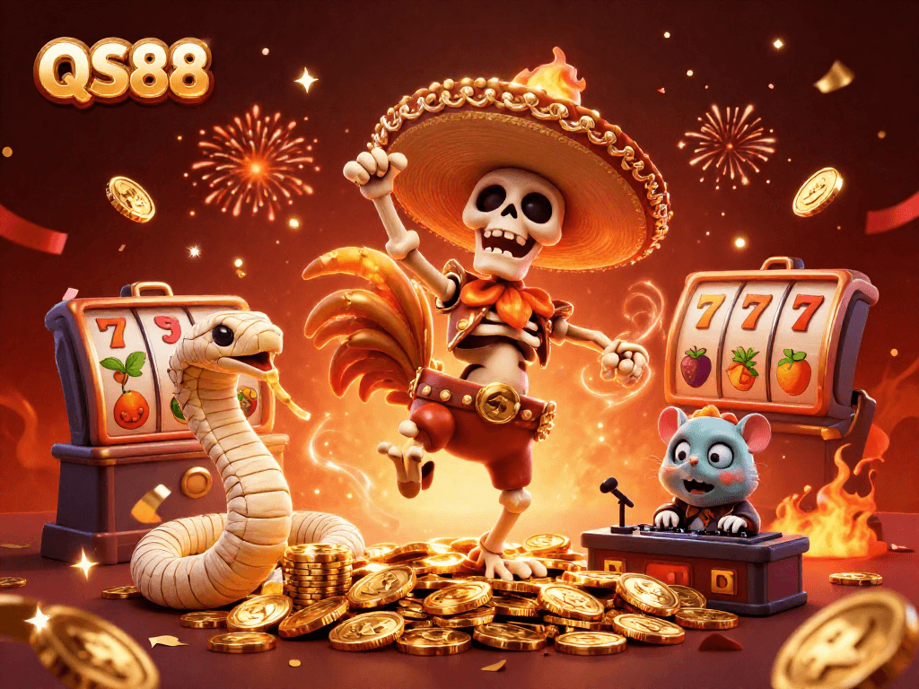 Experience thrilling winnings with QS88, featuring colorful slot reels and dynamic casino scenes.
