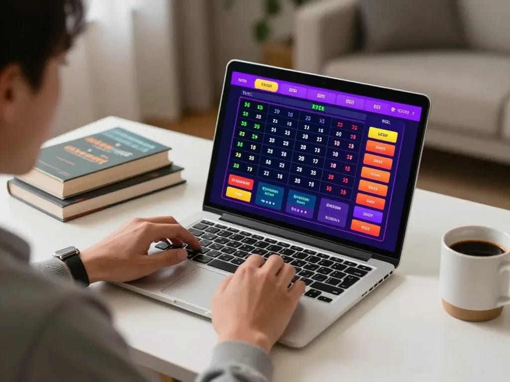Engaging in đánh đề online at home with a laptop, showcasing colorful betting interface and strategic gameplay.