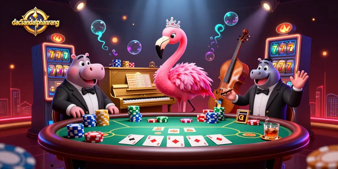 Experience the vibrant action at dacsandatphanrang with lively casino characters amidst dynamic gaming elements.