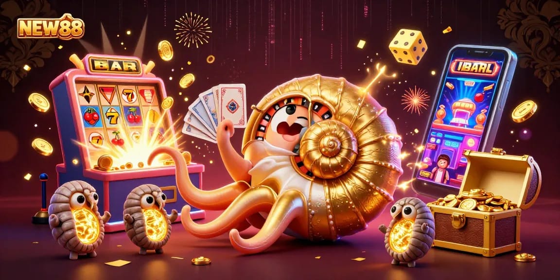 Engage with NEW88's vibrant 3D casino scene featuring a giant nautilus as a roulette wheel, bursting jackpots, and glowing treasures.