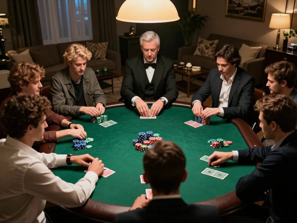 F8BET players strategizing at a home poker game with colorful chips and cards