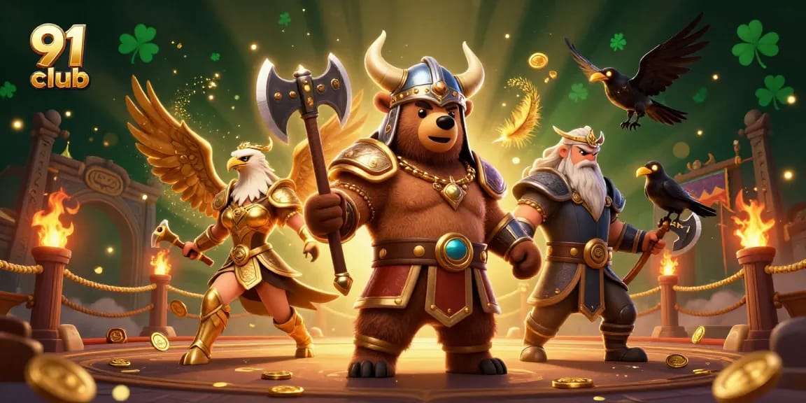 Engage in thrilling gaming with the 91 club's vibrant 3D casino scene featuring Viking and Valkyrie characters.