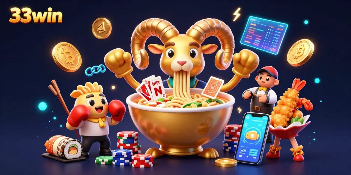 Experience vibrant 33win casino action with a fun ramen bowl character dealing cards and stacking chips.