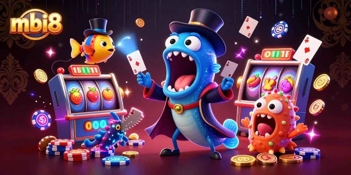 Win at mbi8 with thrilling card tricks from cartoon sea creatures in a dazzling casino scene.